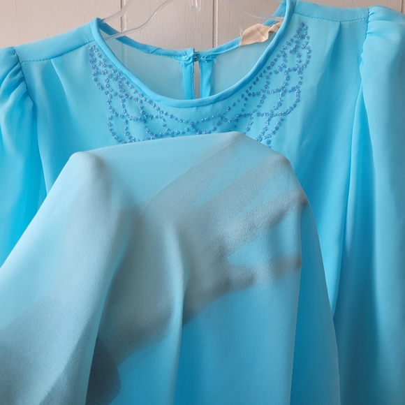 Vintage 70s Blue Sheer Day Dress with Blue Beading White Belt - Picture 6 of 9